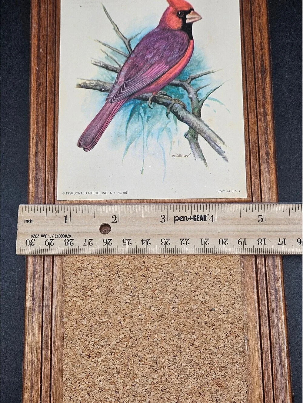 Vintage 1956 Ph. Gomner Cardinal Bird Wood Wall Hanging Memo Board Cork
